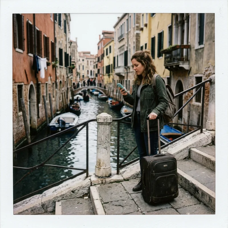 Traveler testing a phone signal on a Venice canal bridge with luggage beside them
