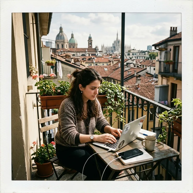 Traveler working on a laptop tethered to a phone at a table on a Milan balcony