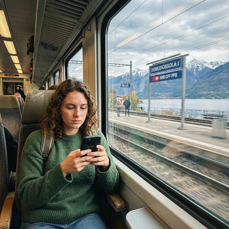 Traveler on a train looking at a phone with no signal as it crosses into Switzerland at a lakeside station