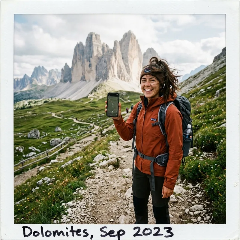 Traveler holding a phone showing full signal on a Dolomites mountain path